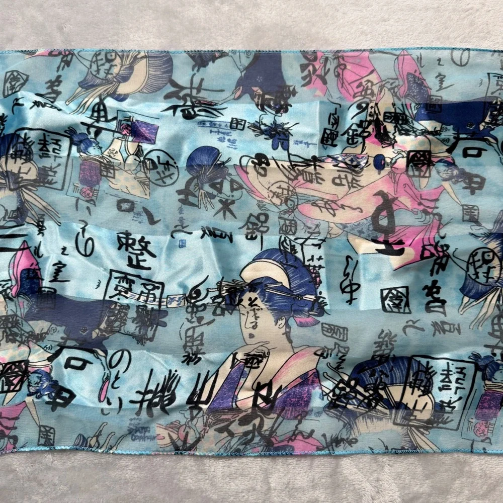 Space Age Blue Geisha Japanese Calligraphy Sheer Rectangle Scarf Made in Korea